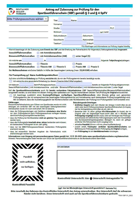 Vordruck zur Anmeldung an Prüfung - Segel-Center Frankfurt