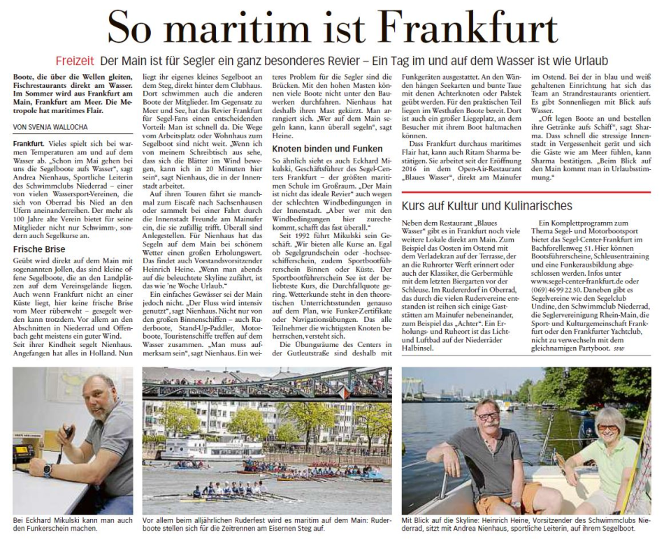 Artikel aus der FNP (Frankfurter neue Presse) zum Segel-Center Frankfurt