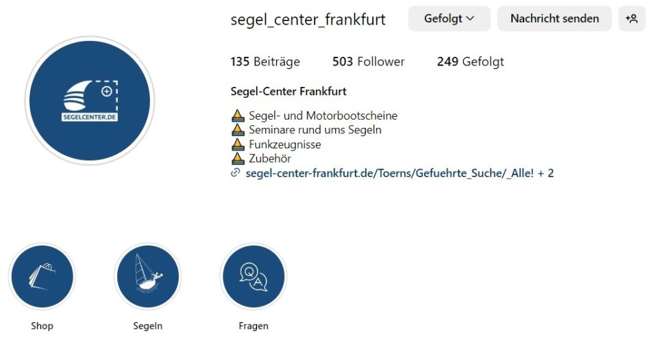 Instagram Account des Segel-Centers Frankfurt